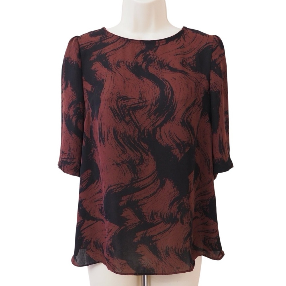 REISS Maroon/Black Polyester Abstract Print Round Neck 3/4 Sleeve Blouse
